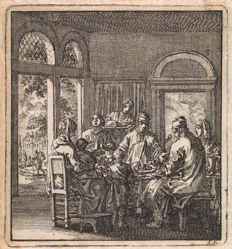 A family at a table, print maker: Jan Luyken, wed. Pieter Arentsz & Cornelis van der Sys II, 1711