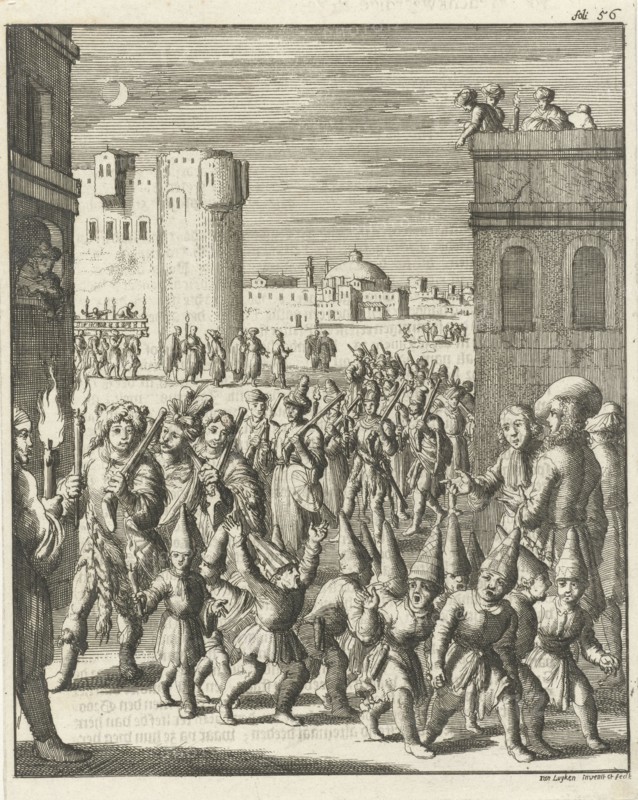 Procession of the shoemaker guild at Aleppo, preceded by a group of guys with paper pointed hats, Jan Luyken, 1682