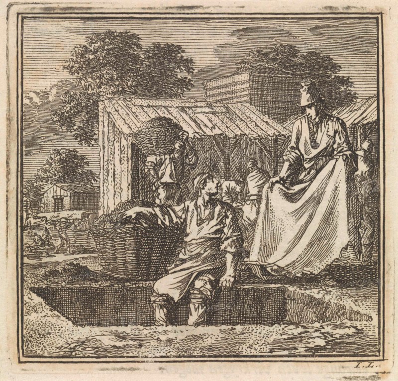 Man sitting on the edge of a deep pit, print maker: Jan Luyken, wed. Pieter Arentsz & Cornelis van der Sys II, 1711