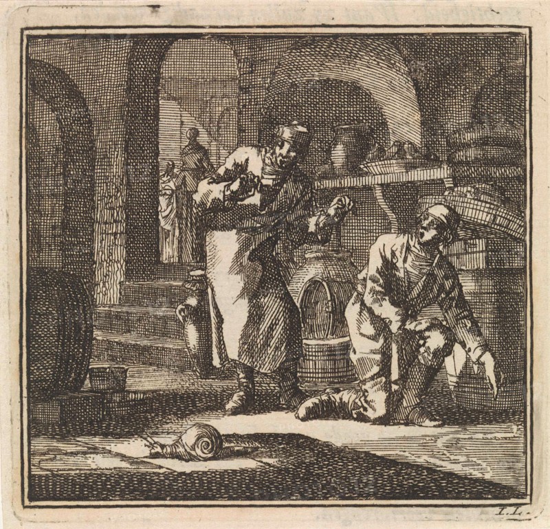 In a basement two men are looking at the trail of a snail, print maker: Jan Luyken, wed. Pieter Arentsz & Cornelis van der Sys II, 1711