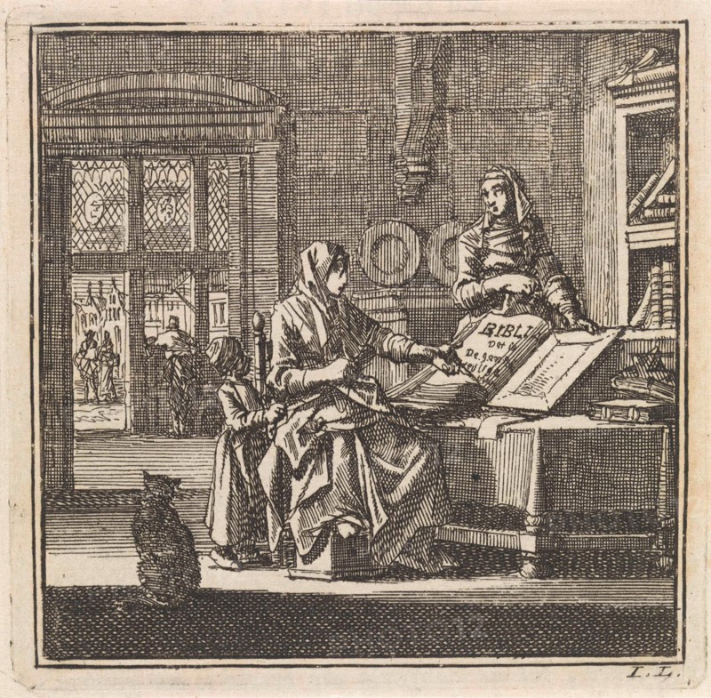 Two women stand near an open bible, print maker: Jan Luyken, wed. Pieter Arentsz & Cornelis van der Sys II, 1711