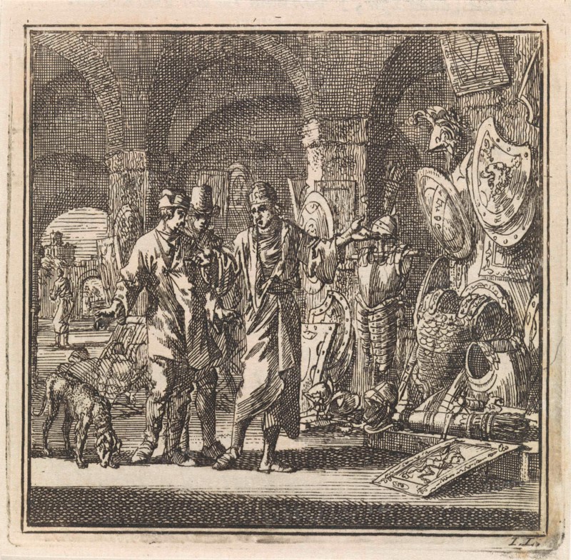 Man shows two men exhibited weapons, Jan Luyken, wed. Arentsz & Pieter Cornelis van der Sys (II), 1711