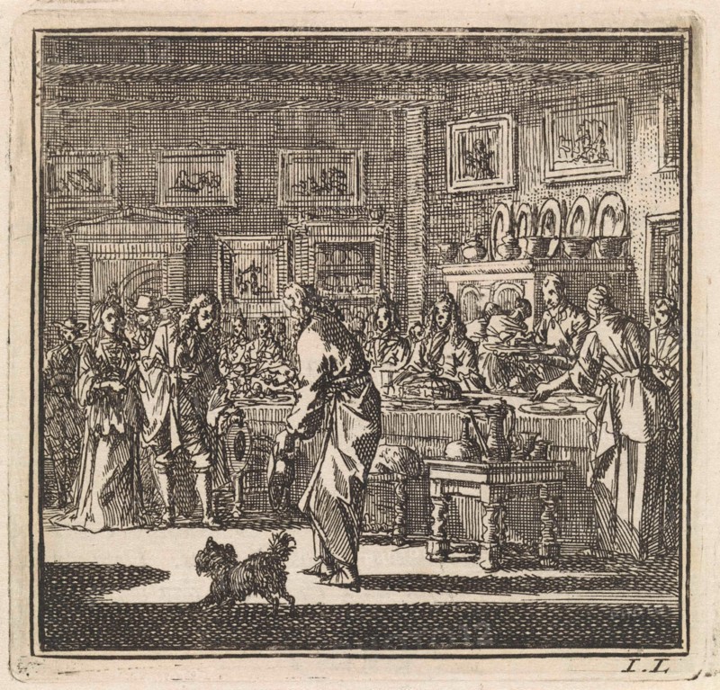 New guests are welcomed at a dinner, Jan Luyken, wed. Pieter Arentsz & Cornelis van der Sys II, 1711