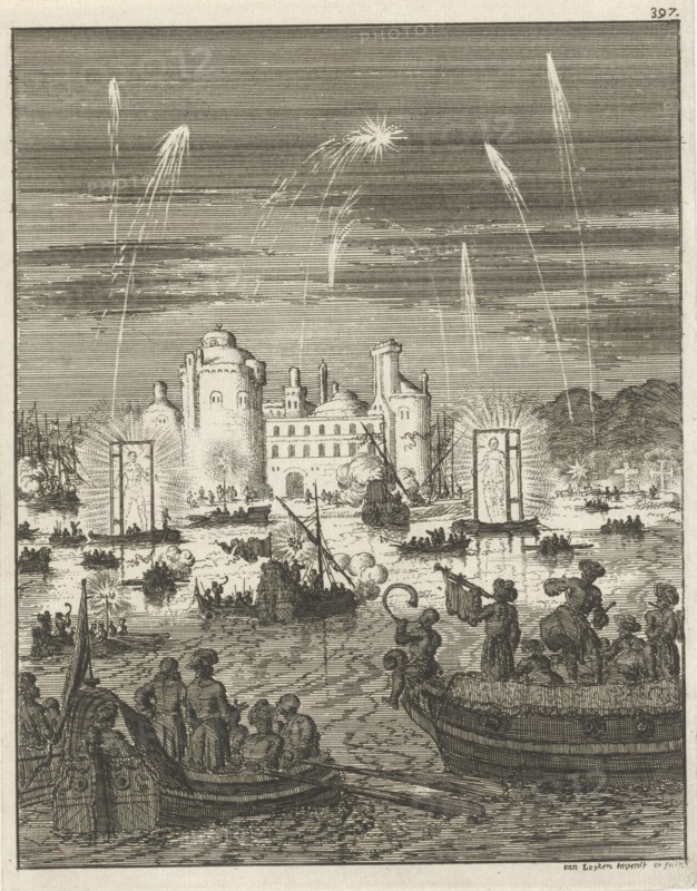 Fireworks and gondolas in Cairo, Egypt, Jan Luyken, 1681
