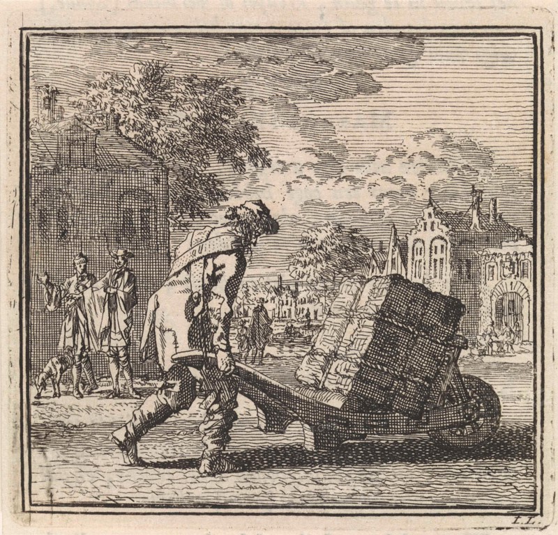 Man carrying a heavy package on a wheelbarrow, Jan Luyken, wed. Arentsz Pieter Cornelis van der Sys II, 1711