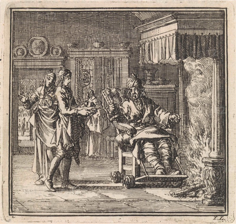 Man with gout gets food served at the fireplace, Jan Luyken, wed. Pieter Arentsz & Cornelis van der Sys (II), 1711