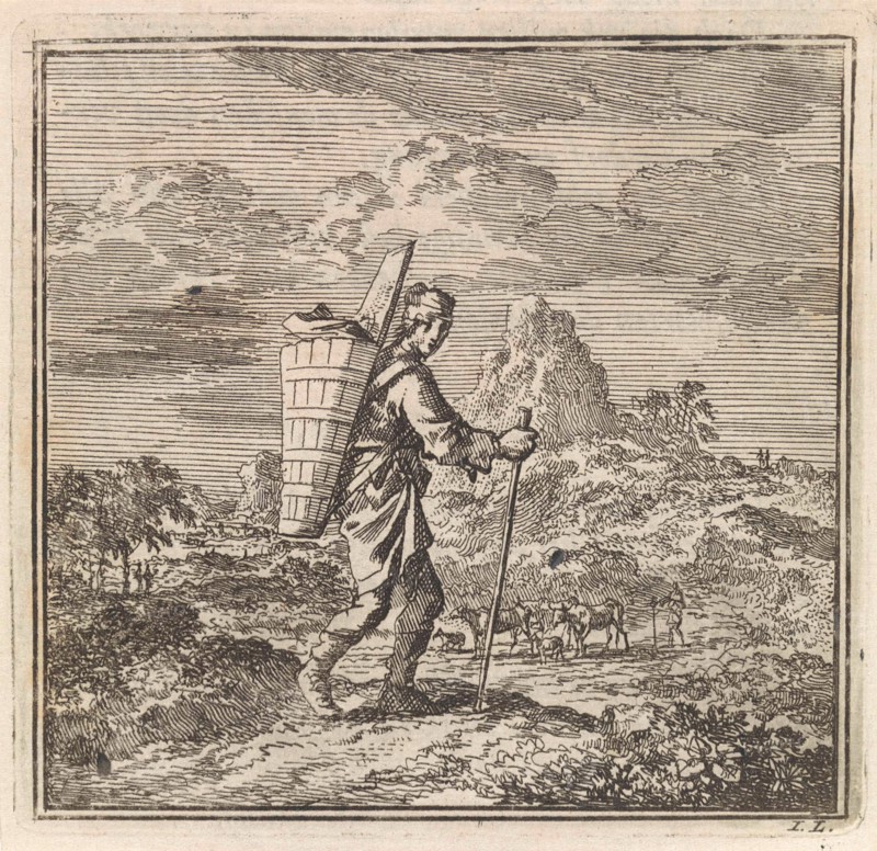 Hiker with a piece and a carrying basket in a hilly landscape, Jan Luyken, wed. Pieter Arentsz & Cornelis van der Sys (II), 1711
