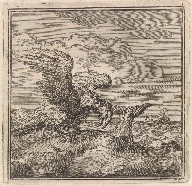 Eagle has caught a big fish, Jan Luyken, wed. Pieter Arentsz & Cornelis van der Sys (II), 1711