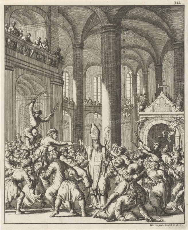 Distribution of the sacred fire during Easter in the Holy Sepulchre in Jerusalem, Jan Luyken, 1681
