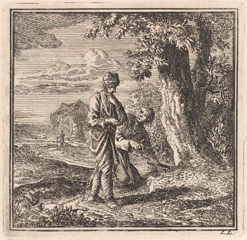 Two men look at an anthill, Jan Luyken, wed. Pieter Arentsz & Cornelis van der Sys II, 1711