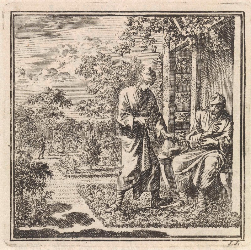 Two men in a garden with a gazebo, Jan Luyken, wed. Pieter Arentsz & Cornelis van der Sys (II), 1711