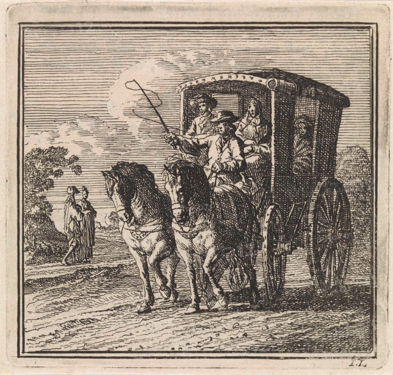 Four figures in a carriage, print maker: Jan Luyken, wed. Pieter Arentsz & Cornelis van der Sys II, 1711