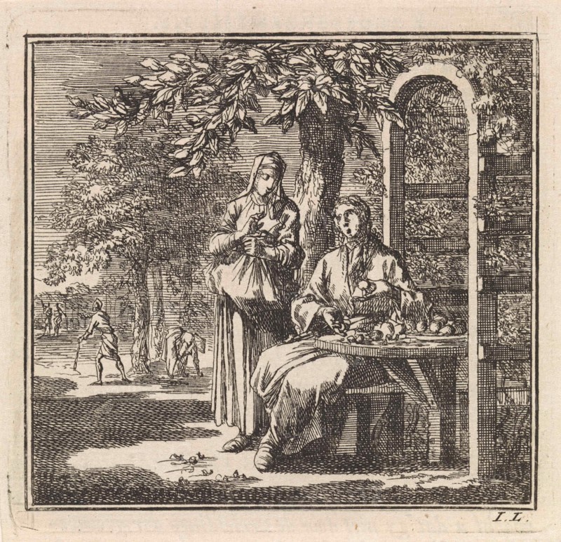 Man shows different notes to a woman, Jan Luyken, wed. Pieter Arentsz & Cornelis van der Sys (II), 1711