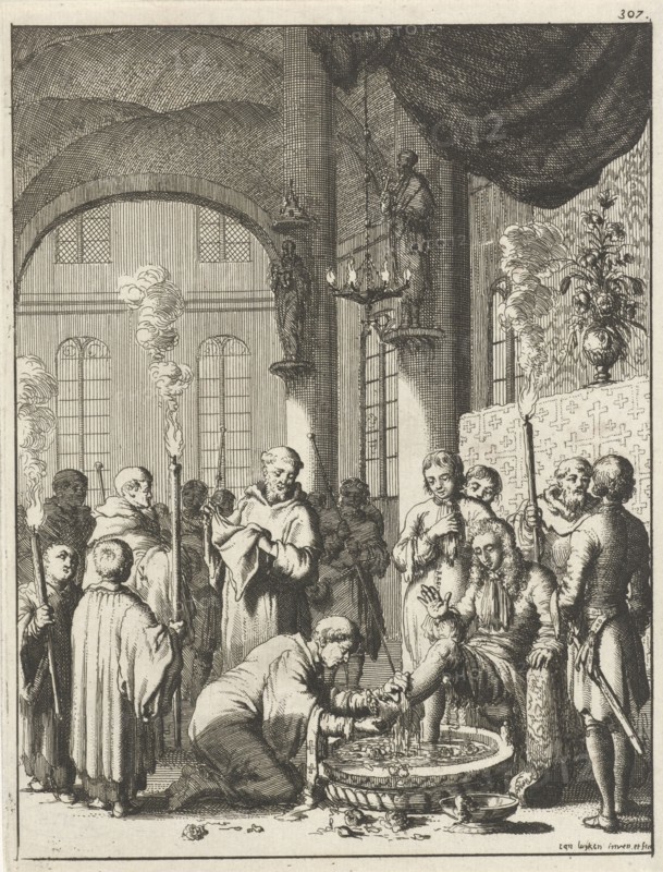 Foot Washing of the travelers in a monastery in Jerusalem, Jan Luyken, 1681