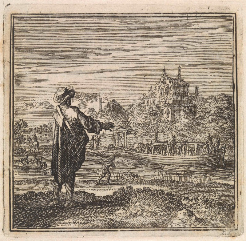On the waterfront a man watches a barge, Jan Luyken, wed. Pieter Arentsz & Cornelis van der Sys (II), 1711