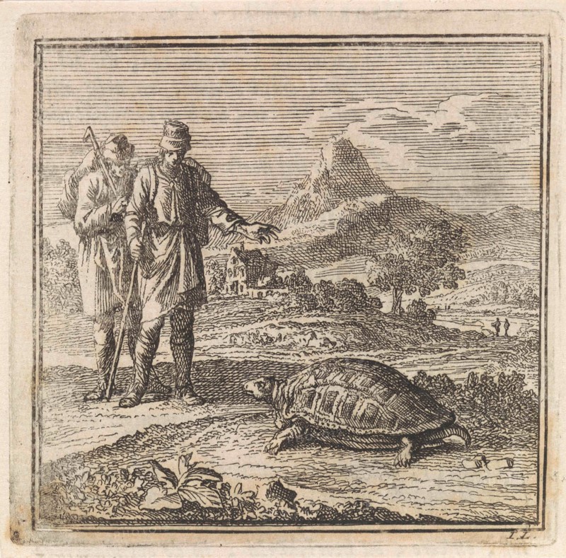 Two travelers admire a turtle, Jan Luyken, wed. Pieter Arentsz & Cornelis van der Sys (II), 1711