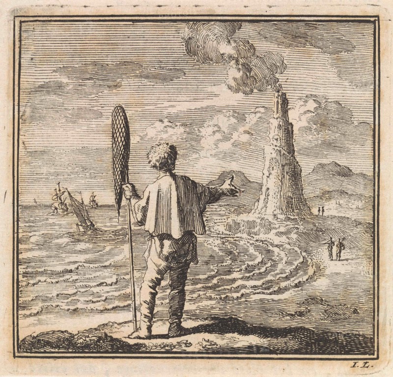 Beach scene with a man who points to a smoking lighthouse, print maker: Jan Luyken, wed. Pieter Arentsz & Cornelis van der Sys II, 1711
