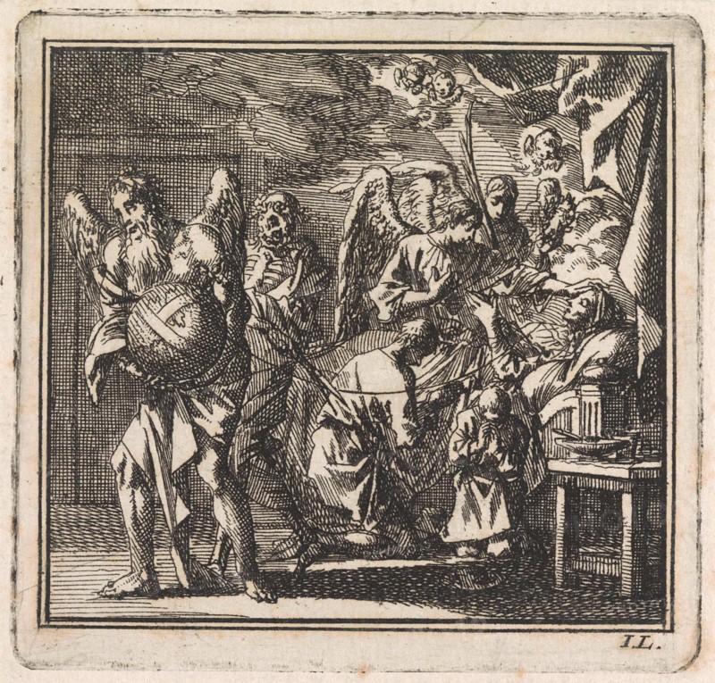 Death is about to cut the thread of life of a dying woman, Jan Luyken, wed. Pieter Arentsz, Cornelis van der Sys II, 1710