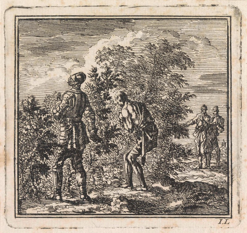 Armored man and half-naked man trying to walk through a pricklebush, Jan Luyken, wed. Pieter Arentsz, Cornelis van der Sys II, 1710