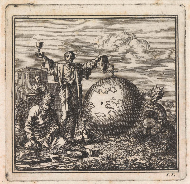 Two men enjoy food and drink while Satan is watching from behind the globe, print maker: Jan Luyken, wed. Pieter Arentsz & Cornelis van der Sys II, 1710