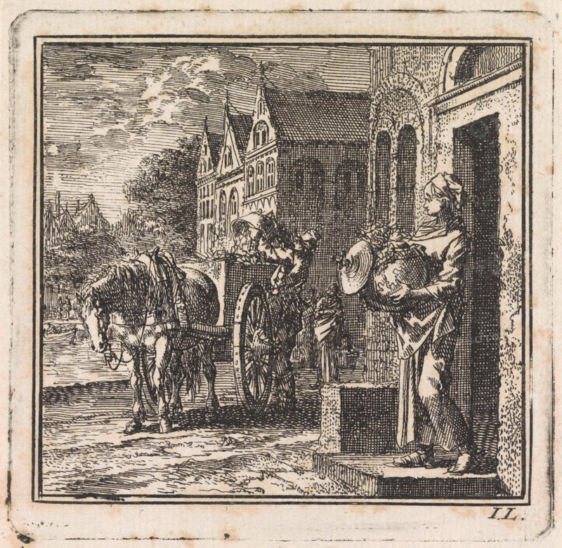 Woman in front of a house with a trash can in the form of a globe, Jan Luyken, bet. Pieter Arentsz, Cornelis van der Sys II, 1710