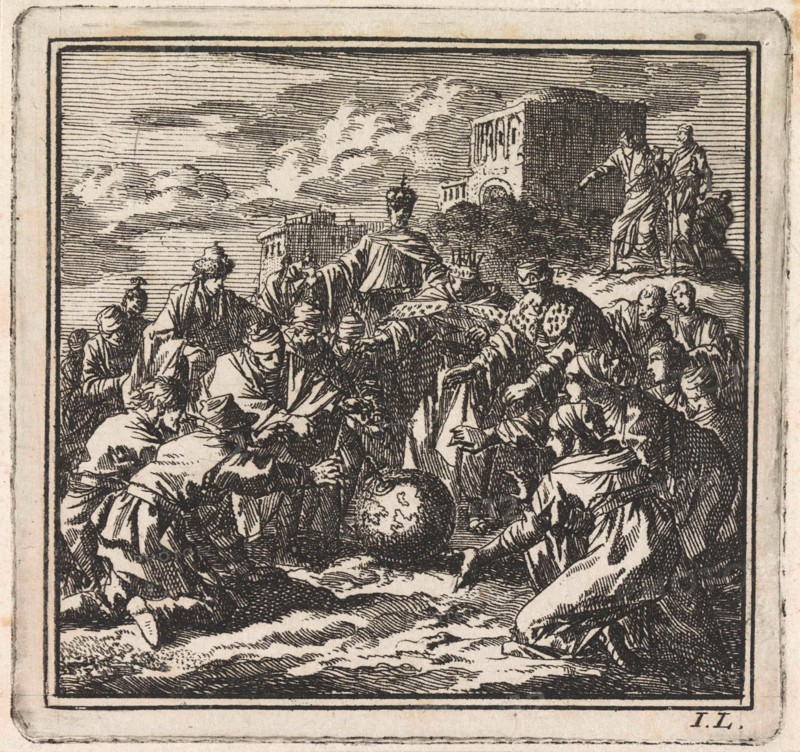 People of all sorts reaching for a globe, Jan Luyken, wed. Pieter Arentsz & Cornelis van der Sys (II), 1710