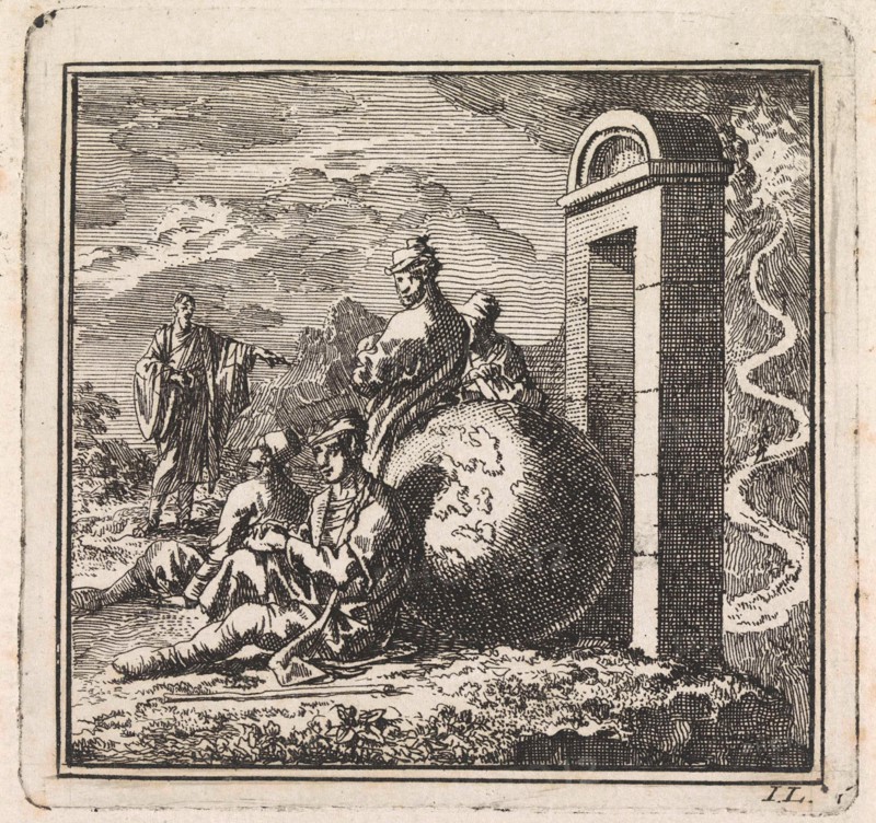 Before a narrow gate a few men rest near a globe, Jan Luyken, wed. Pieter Arentsz, Cornelis van der Sys II, 1710
