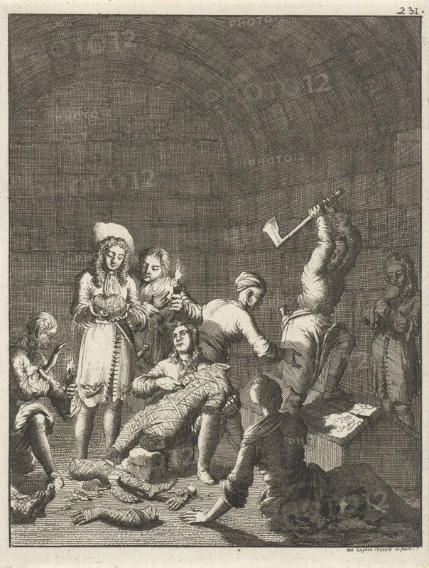 Figures find a mummy in a pyramid, Jan Luyken, 1681