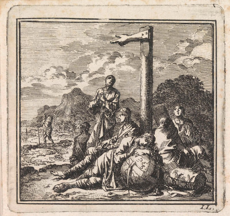 Six figures near a globe at a signpost, Jan Luyken, wed. Pieter Arentsz & Cornelis van der Sys (II), 1710