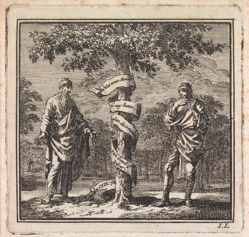 Old and young man in a tree with ribbon, Jan Luyken, wed. Pieter Arentsz & Cornelis van der Sys (II), 1710
