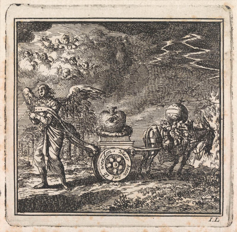 Heart on a chariot pulled in opposite directions by an angel and a donkey, Jan Luyken, wed. Pieter Arentsz & Cornelis van der Sys (II), 1710