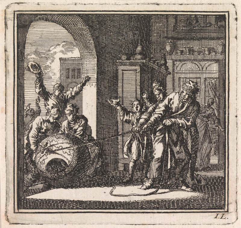 Some people pull the world on a string inside their house, Jan Luyken, wed. Pieter Arentsz, Cornelis van der Sys II, 1710
