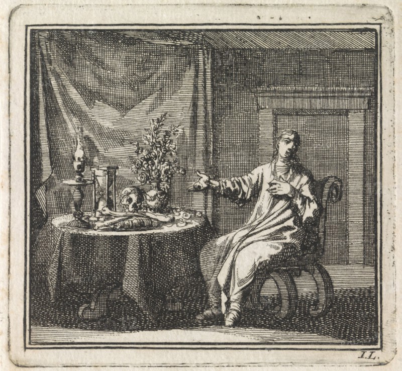 Woman pointing at the vanitas symbols on the table before her, Jan Luyken, wed. Pieter Arentsz & Cornelis van der Sys II, 1710