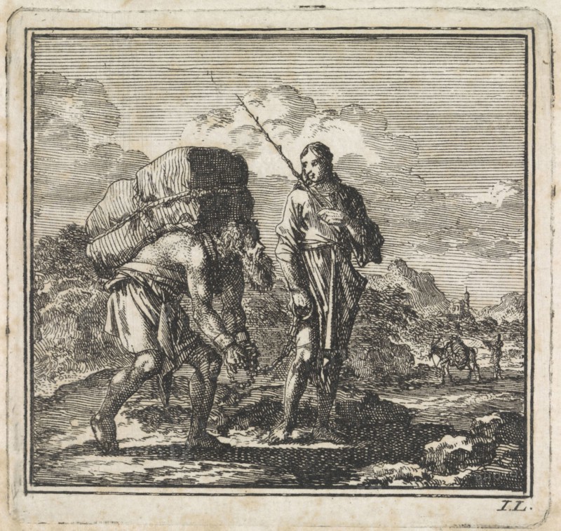 Stooping and chained man is led by the soul, print maker: Jan Luyken, wed. Pieter Arentsz & Cornelis van der Sys II, 1710
