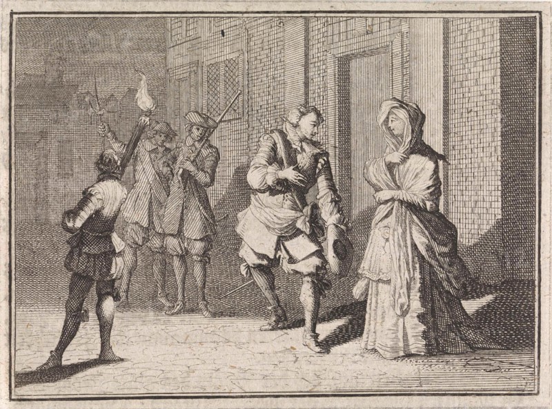 Woman finds her lover in the street at night, Caspar Luyken, Christoph Weigel, Frantz Martin Hertzen, 1710