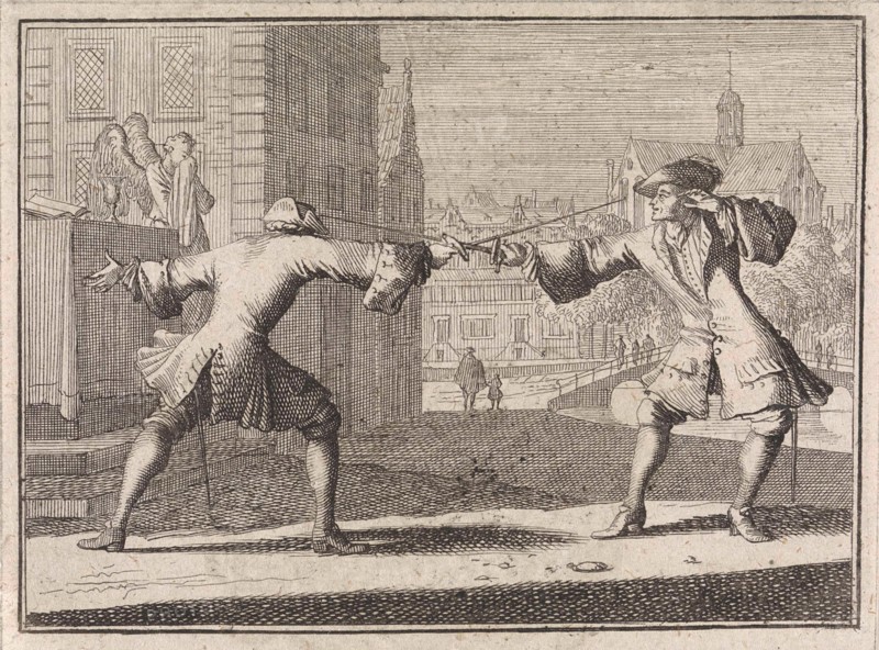 Duellist sees an angel next to his opponent during a fight, Caspar Luyken, Christoph Weigel, Frantz Martin Hertzen, 1710