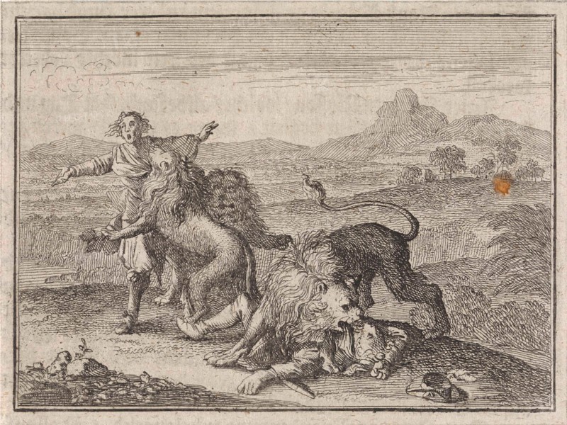 Two Abyssinian nobles being devoured by lions on the field that they ruined during their hunting, print maker: Caspar Luyken, Christoph Weigel, Frantz Martin Hertzen, 1710