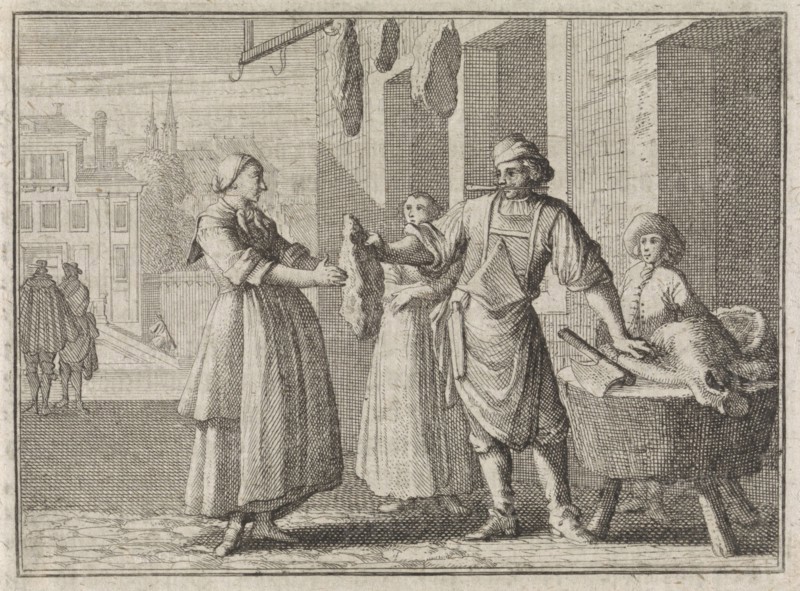 Pregnant woman receives a piece of beef, Caspar Luyken, Christoph Weigel, Frantz Martin Hertzen, 1710
