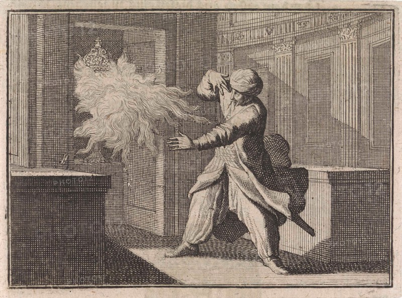 Oriental man looks out of curiosity in a closet at a host chalice, from which as punishment a flame bursts out, Caspar Luyken, Christoph Weigel, Frantz Martin Hertzen, 1710