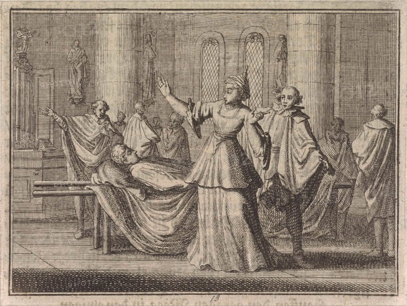 Woman in a church looking at a bier, Caspar Luyken, Christoph Weigel, Frantz Martin Hertzen, 1710