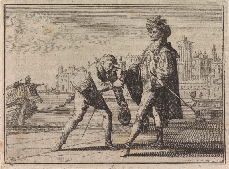 Man kisses the hand of a nobleman on a quay, Caspar Luyken, Christoph Weigel, Frantz Martin Hertzen, 1710