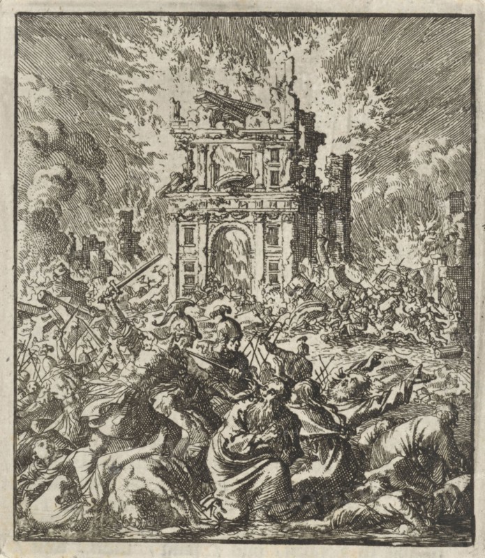 Romans kill the Jews, while the Temple burns, print maker: Jan Luyken, Jan Rieuwertsz. II, Barent Visscher, 1706