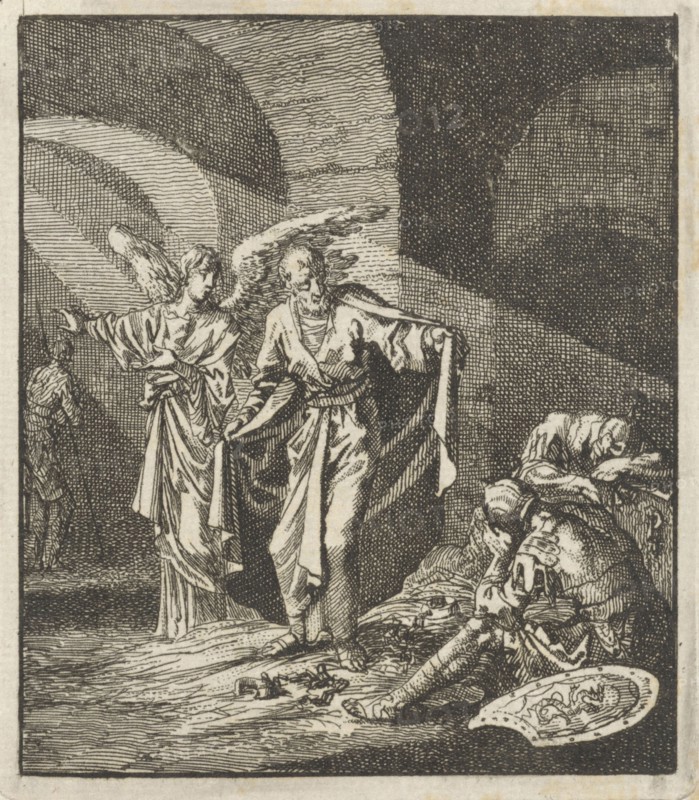 Peter liberated by the angel from prison, Jan Luyken, Jan Rieuwertsz. (II), Barent Visscher, 1706