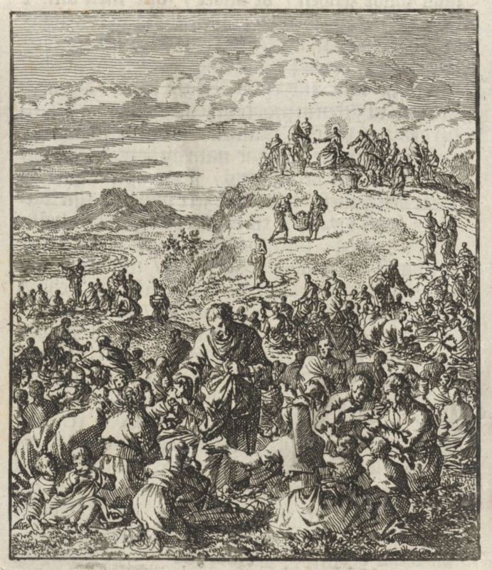 Apostles give bread to the crowd, Christ on a mountain top, Jan Luyken, Jan Rieuwertsz. II, Barent Visscher, 1706