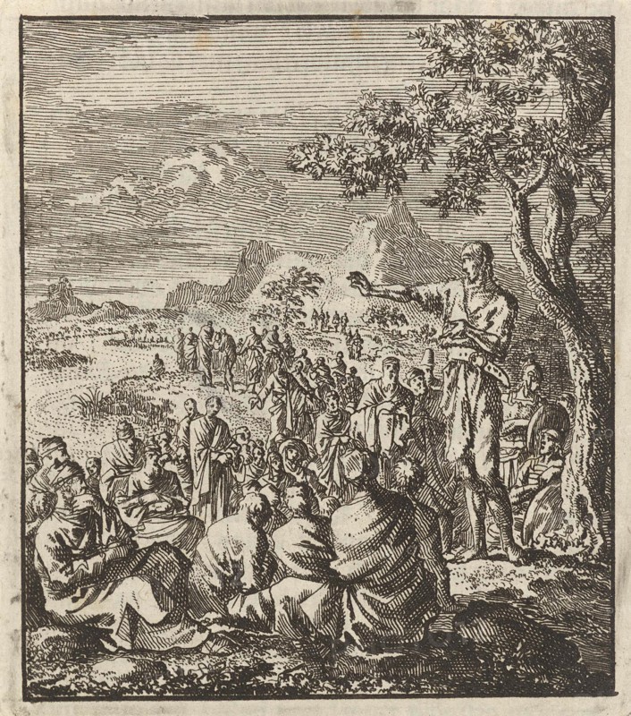 Preaching of John the Baptist on the banks of the Jordan, print maker: Jan Luyken, Jan Rieuwertsz. II, Barent Visscher, 1706