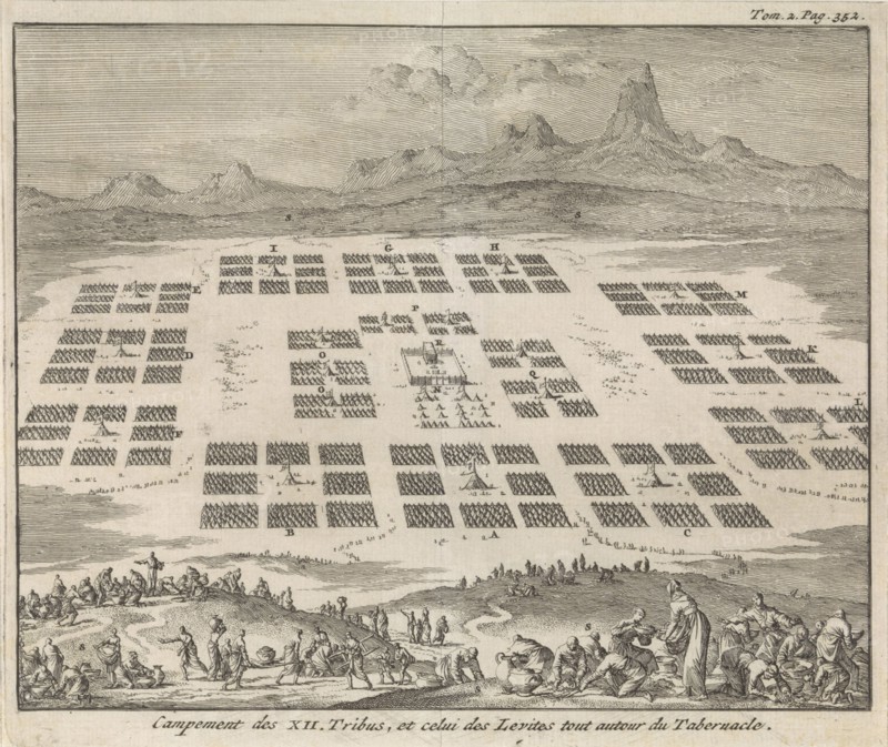 Tent Camps of the twelve tribes of Israel arranged around the tabernacle, Jan Luyken, Pieter Mortier, 1705