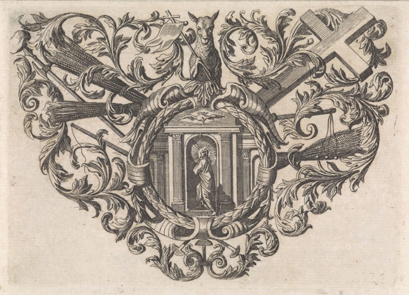 The image of Christ is contained in an ornamental frame with floral motifs and Christian symbols, print maker: Caspar Luyken, Dating 1705