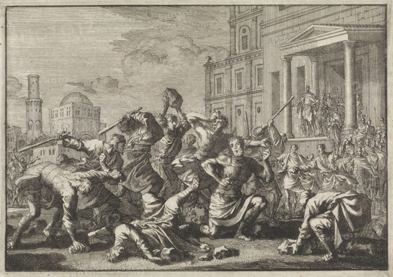 Herod lets his barber Tryphon, Tyro and his son be stoned on suspicion of treason, Jan Luyken, Pieter Mortier, 1704