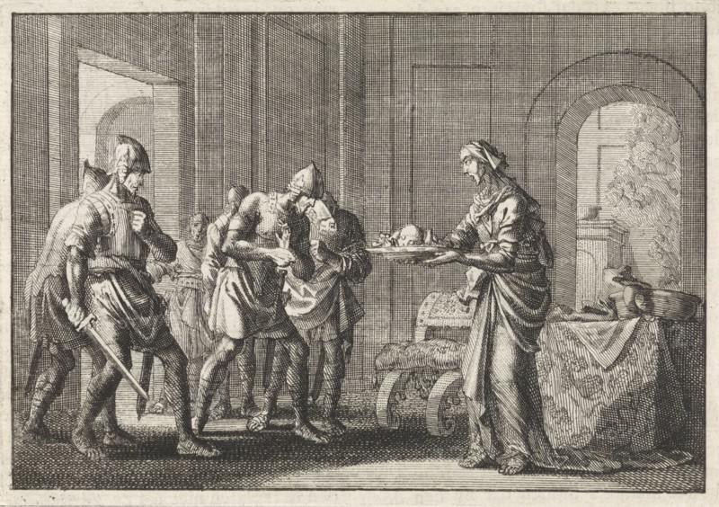 Mother shows warriors the remains of her child, eaten during the famine in Jerusalem, Jan Luyken, Pieter Mortier, 1704