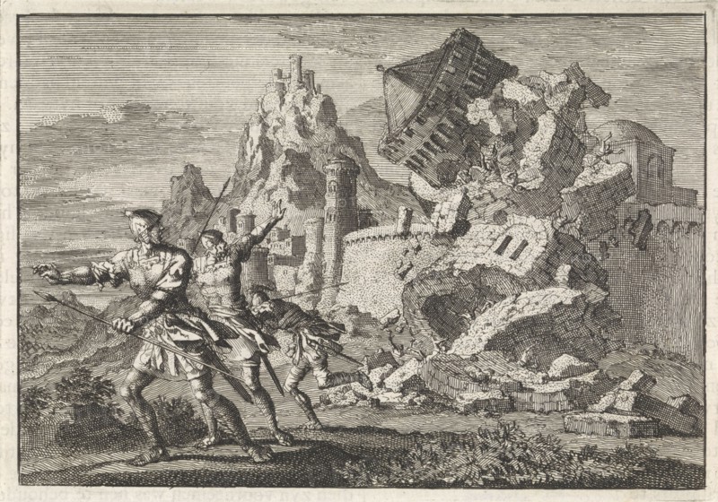 Roman soldiers make a tower on the wall of Gamala collapse by undermining it, Jan Luyken, Pieter Mortier, 1704